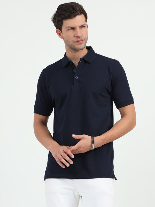 NuMode 100% Cotton Jaquard Collar Polo - Navy